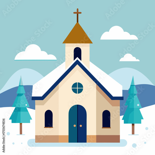 Winter Chapel Serenity: A quaint chapel nestled amidst a snowy landscape under a sky. Depicting serene beauty of religious sanctuary during winter. 
