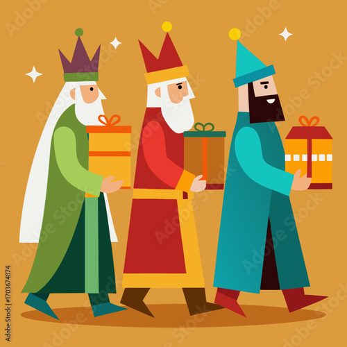 Three Wise Men's Gift: A vibrantly illustrated procession of three wise men, each bearing gifts, against a soft orange background