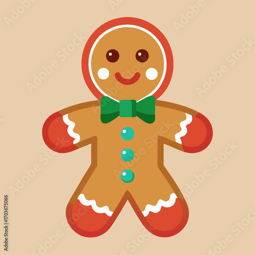 Gingerbread man: A cute, smiling gingerbread man with red icing details, a green bow tie, and turquoise buttons, offering a festive and heartwarming image for the holidays.