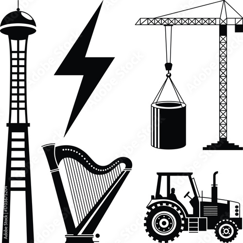 Black silhouette observation tower, lightning bolt, construction crane, harp, tractor, industrial icon, musical instrument, agriculture vehicle, power symbol, vector illustration, diverse technology