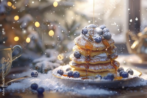 Delicious pancakes with blueberries and syrup in winter setting