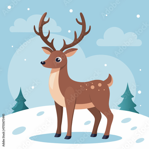 Winter Deer in a Winter Wonderland: A charming cartoon deer with majestic antlers stands gracefully in a snow-covered landscape with gentle snowfall.