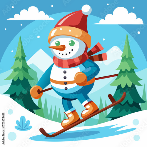 Snowman Skiing in Winter Wonderland: A cheerful snowman takes to the slopes, gliding effortlessly on skis through a whimsical snowy landscape. Surrounded by snow-covered pines, clouds.