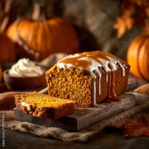 Homemade Pumpkin Bread with Caramel Drizzle and Cream Cheese Frosting