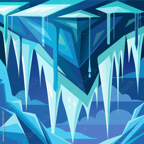 Frozen Cave Abstraction: An illustration captures a visually stunning, abstract rendering of an icy cave, showcasing sharp icicles and crystalline formations with captivating details.