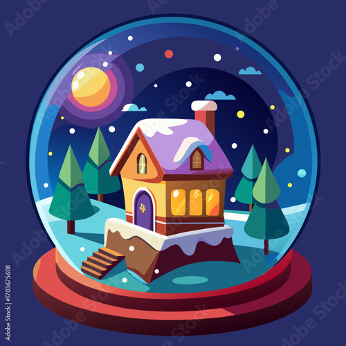 Snow Globe Winter Wonderland: A charming, illustrated snow globe showcases a cozy house nestled amongst evergreen trees under a starlit sky, creating a sense of wintery enchantment and festive magic.