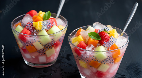 Refreshing Es Buah: A vibrant and delicious Indonesian fruit cocktail with ice cubes