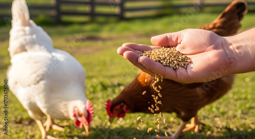 Hand feeding chickens in a rural setting captures the essence of animal care and agriculture