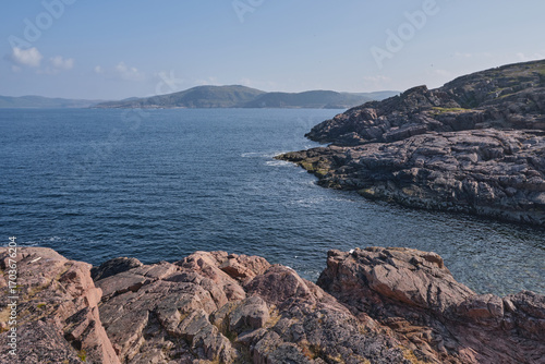 Tundra landscape on the Barents Sea coast on a bright autumn day. Autumn beauty of nature.