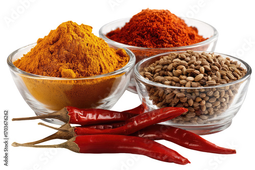 Spice powders and seeds in glass bowls