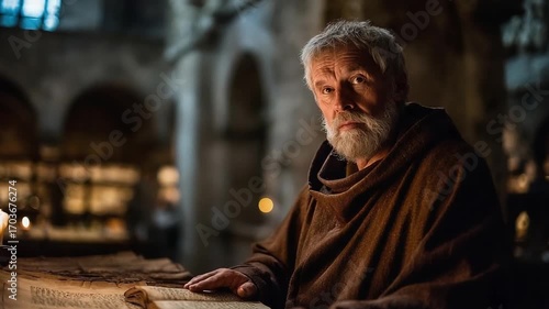 An elderly monk with a gray beard sits at a wooden table, studying an ancient manuscript by candlelight in a dim stone room.