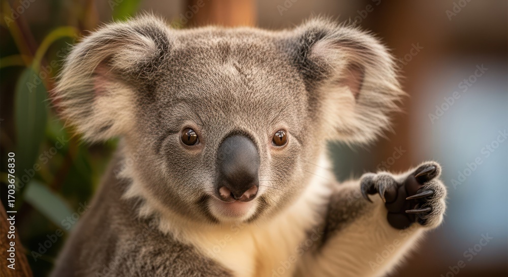 Naklejka premium Cute koala bear portrait with eucalyptus in background on tree branch