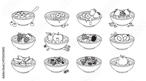 Collection of twelve diverse fruit and yogurt bowls in a clean silhouette style