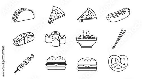 Collection of hand drawn fast food and snack icons in a simple silhouette style