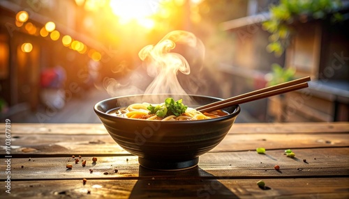Japanese ramen bowl with chopsticks, steam rising, wooden table background, authentic street food atmosphere, high quality stock photo
