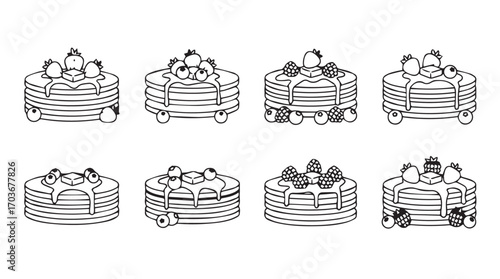 Collection of eight delicious pancake stacks with toppings in silhouette style