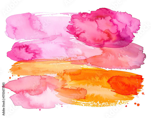 Abstract watercolor washes in shades of pink, orange, and red