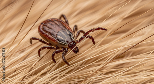 Close-up of a tick crawling on fur, representing parasite and health hazard on animal fur which