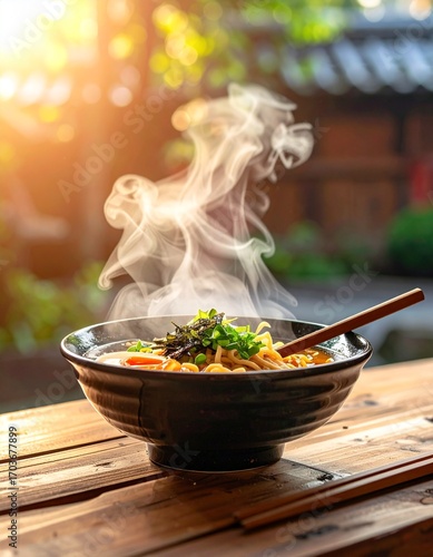 Japanese ramen bowl with chopsticks, steam rising, wooden table background, authentic street food atmosphere, high quality stock photo
