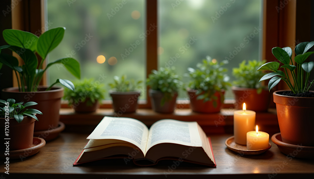 Fototapeta premium A peaceful reading nook by a window, featuring a book, candles, and potted plants. The warm glow of the candles and the greenery creates a cozy, relaxing atmosphere