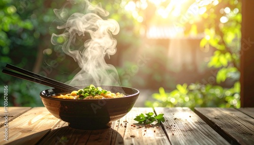 Japanese ramen bowl with chopsticks, steam rising, wooden table background, authentic street food atmosphere, high quality stock photo
