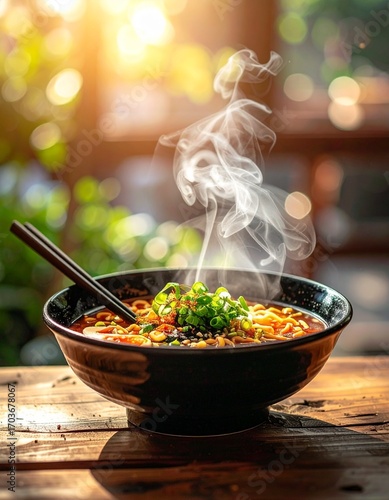 Japanese ramen bowl with chopsticks, steam rising, wooden table background, authentic street food atmosphere, high quality stock photo
