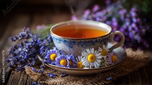 Steaming cup of herbal tea rests on a saucer with fresh lavender and daisies