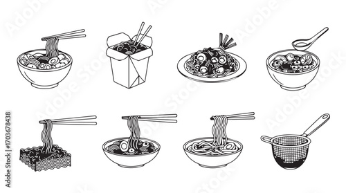 Collection of hand drawn noodle bowls and food containers silhouette