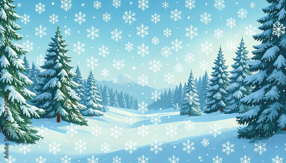 Obraz premium 雪の結晶が舞う冬の松林