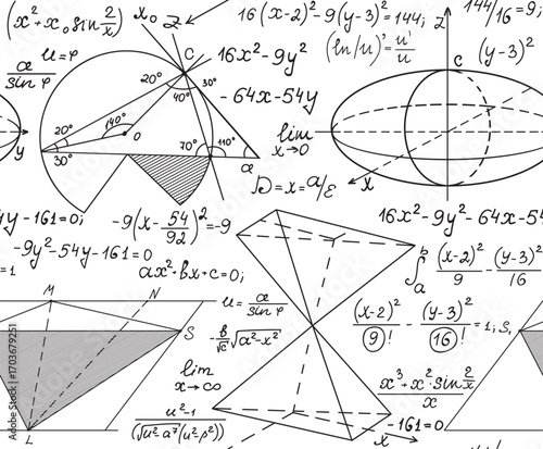 "Back to school" math vector seamless pattern with handwritten plots, formulas and calculations