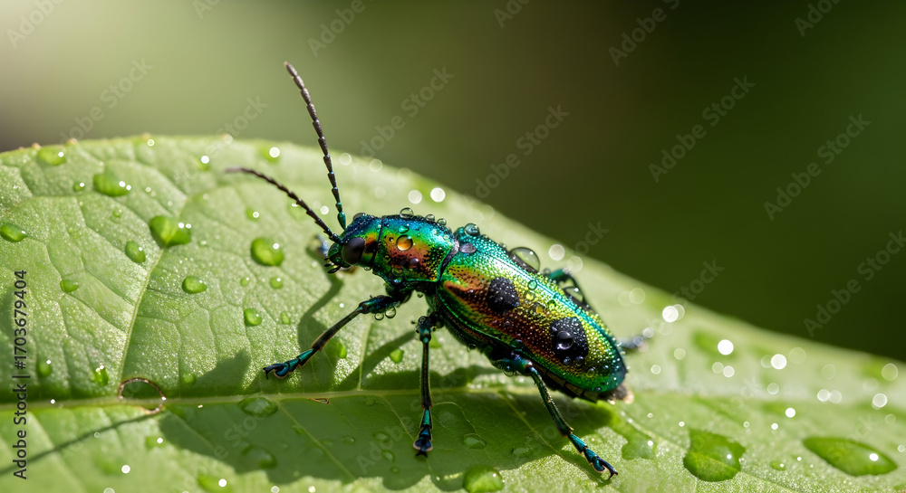 Fototapeta premium Iridescent beetle resting on a leaf covered in water droplets in natural light