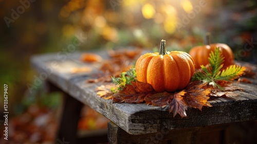Small pumpkins sit on a rustic wooden table surrounded by autumn leaves