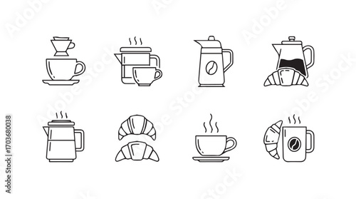 Collection of coffee brewing methods and breakfast items silhouette