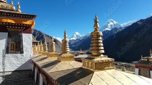 Himalayan Monastery Rooftop: Golden Spires & Mountain Vista