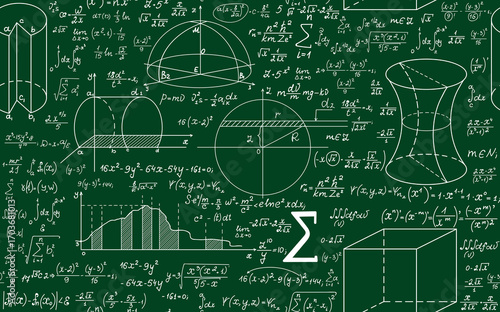 Scientific physical and math vector seamless pattern with handwritten formulas, figures and calculations on a green background