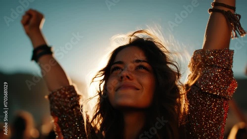 Freedom and Jubilation: A radiant person, arms raised in joyous exuberance, celebrates life against the backdrop of a sun-kissed moment. Capturing pure liberation and elation.