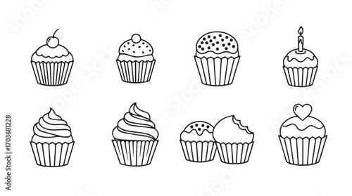 Collection of eight hand drawn cupcake silhouettes with various toppings and decorations silhouette