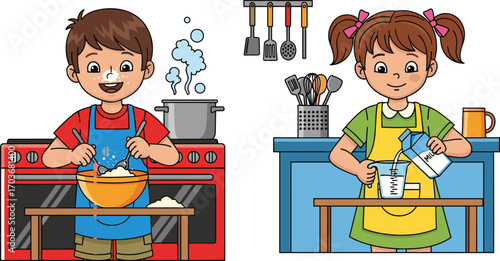 Happy kids cooking together in kitchen, boy mixing dough, girl pouring milk, fun baking activity, family cooking time, children learning cooking