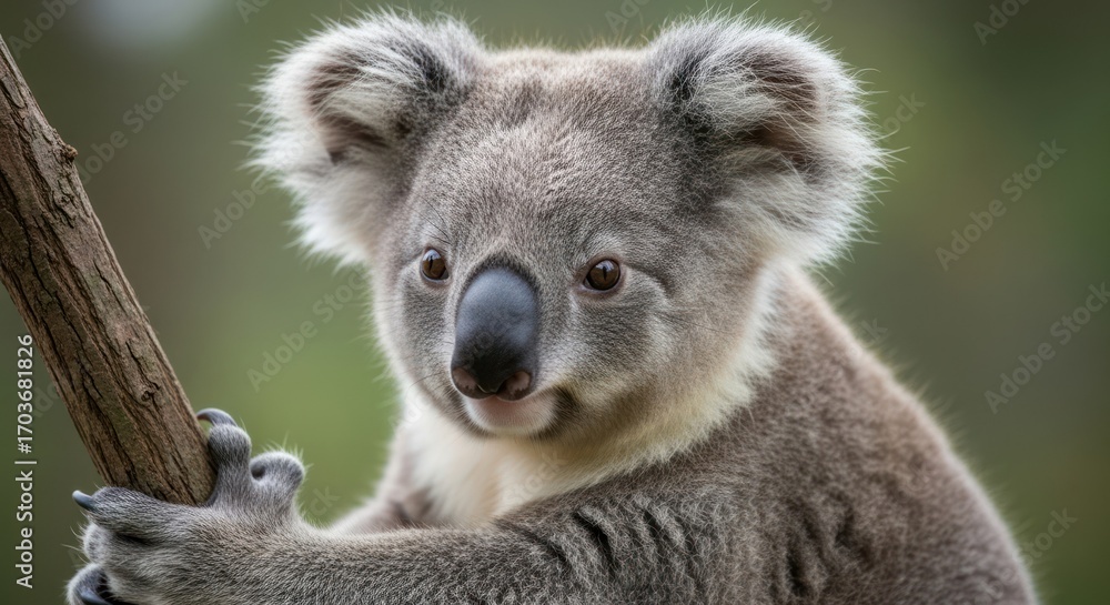 Naklejka premium Cute gray koala holding onto a tree branch in nature portrait