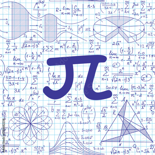 "Back to school" vector seamless pattern with the pi sign and scientific math and physics calculations and formulas, handwritten on copybook paper