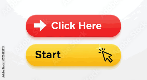 Two colored buttons with text and a cursor, indicating action and a call to begin.