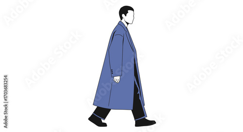 A minimalist illustration of a stylish, faceless man walking in profile, wearing a long blue overcoat and dark trousers. A concept for modern urban fashion and lifestyle. Flat design vector graphic