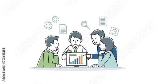 A business team of colleagues in a meeting, collaboratively analyzing a growth chart on a laptop. Teamwork, data-driven strategy, and brainstorming concept. Flat line art vector illustration