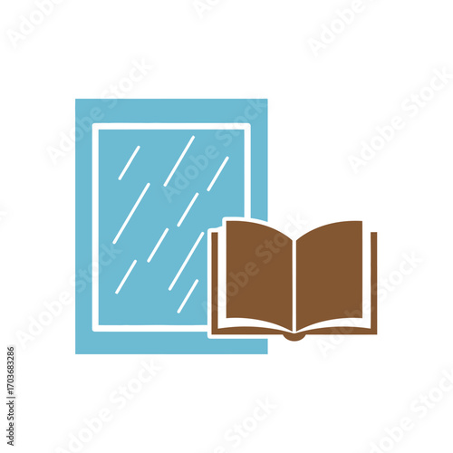 An icon of an open brown book next to a blue window with reflections. A concept for reading on a rainy day, education, and cozy hobbies. Minimalist flat design vector illustration