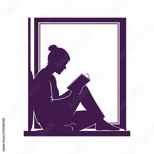 Silhouette of a woman with her hair in a bun reading a book while sitting peacefully in a window frame. A concept for solitude, hobbies, knowledge, and relaxation. Vector illustration logo