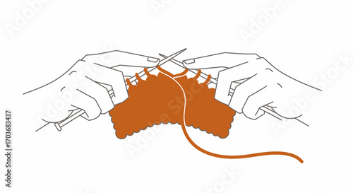 Close-up of hands knitting with brown yarn and needles. Handmade craft, hobby, and DIY concept. Minimalist line art vector illustration