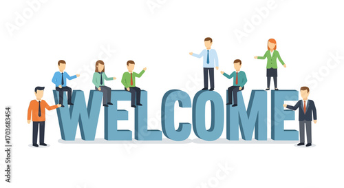 Group of diverse business people sitting and standing on giant blue 3D Welcome word letters for hiring and onboarding concept