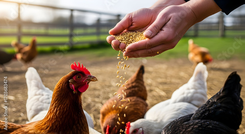 Hand feeding a flock of chickens on a farm with natural daylight and vibrant colors offering a