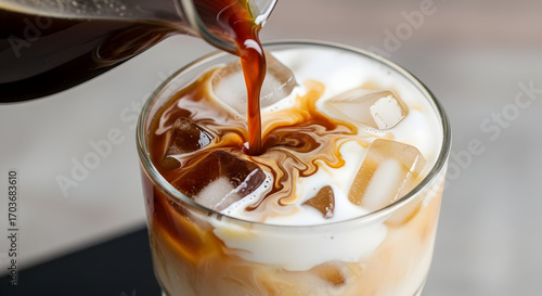 Iced coffee pouring, delicious refreshment in glass with ice and milk swirls