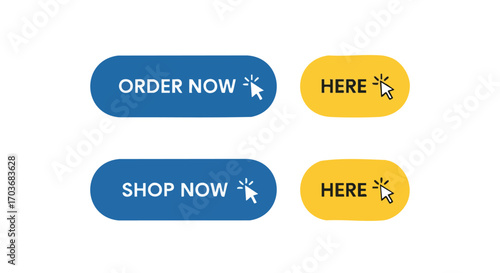 Four colorful, rounded buttons with text prompts for online shopping, featuring cursor icons.